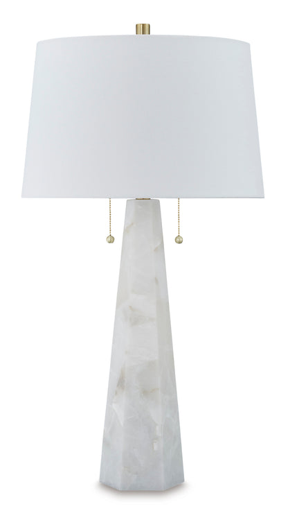 Alabaster table lamp with white drum shade and brass top cap