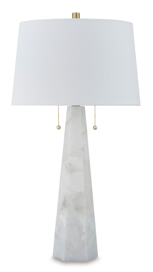 Alabaster table lamp with white drum shade and brass top cap