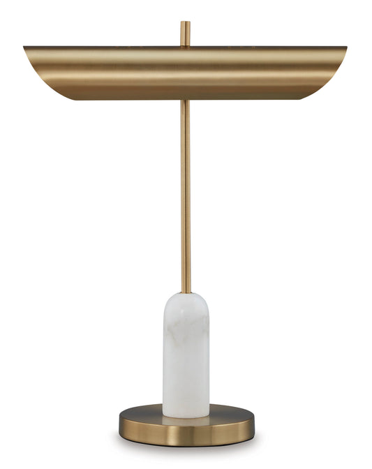 Marble desk lamp with gold base, slender brass stand, and half-moon metal shade