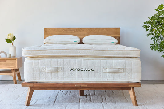 White quilted plush mattress with AVOCADO logo on front panel