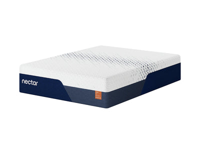 Memory foam mattress with white cooling top and dark Nectar base, side logo visible