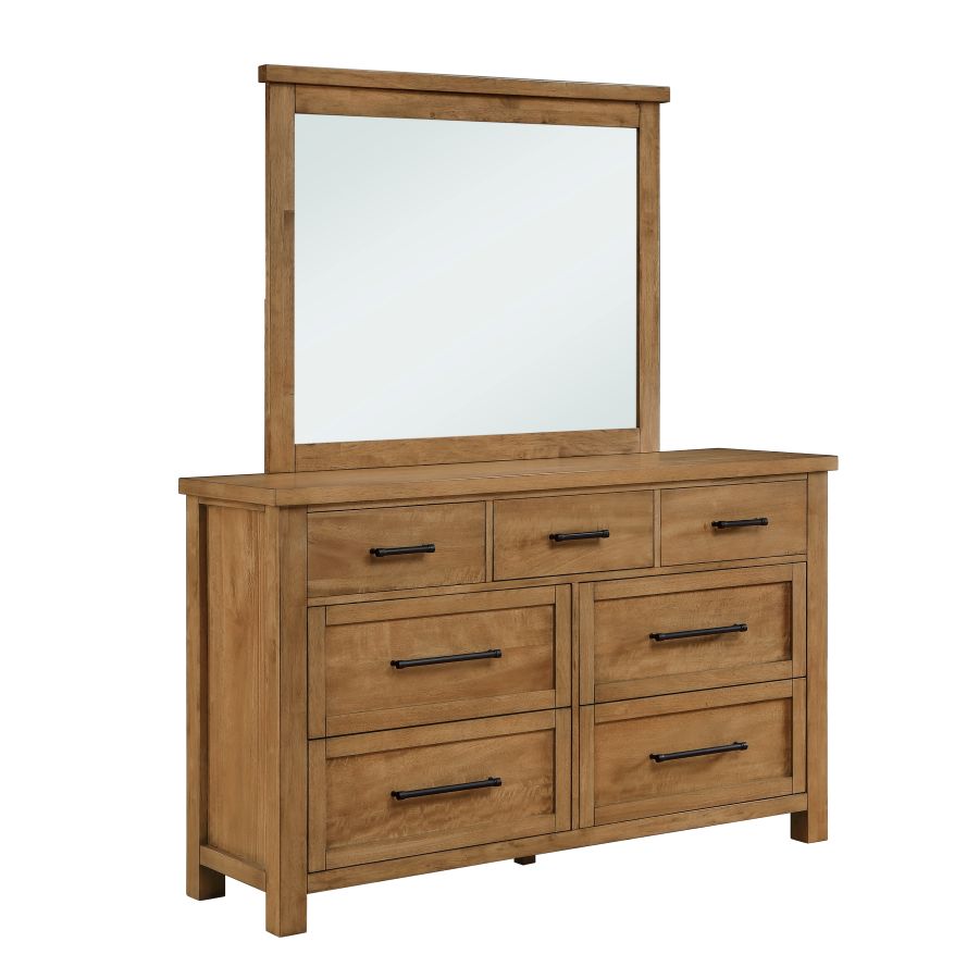 Marley wooden dresser with six drawers, dark metal pulls, and a rectangular mirror