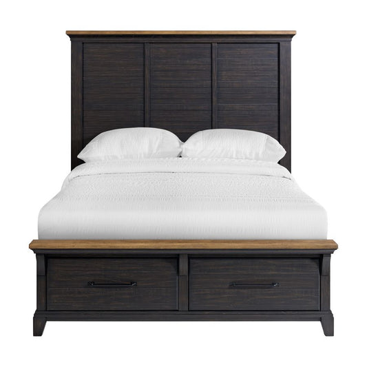 Dark wood storage bed with paneled headboard and two front drawers, white bedding