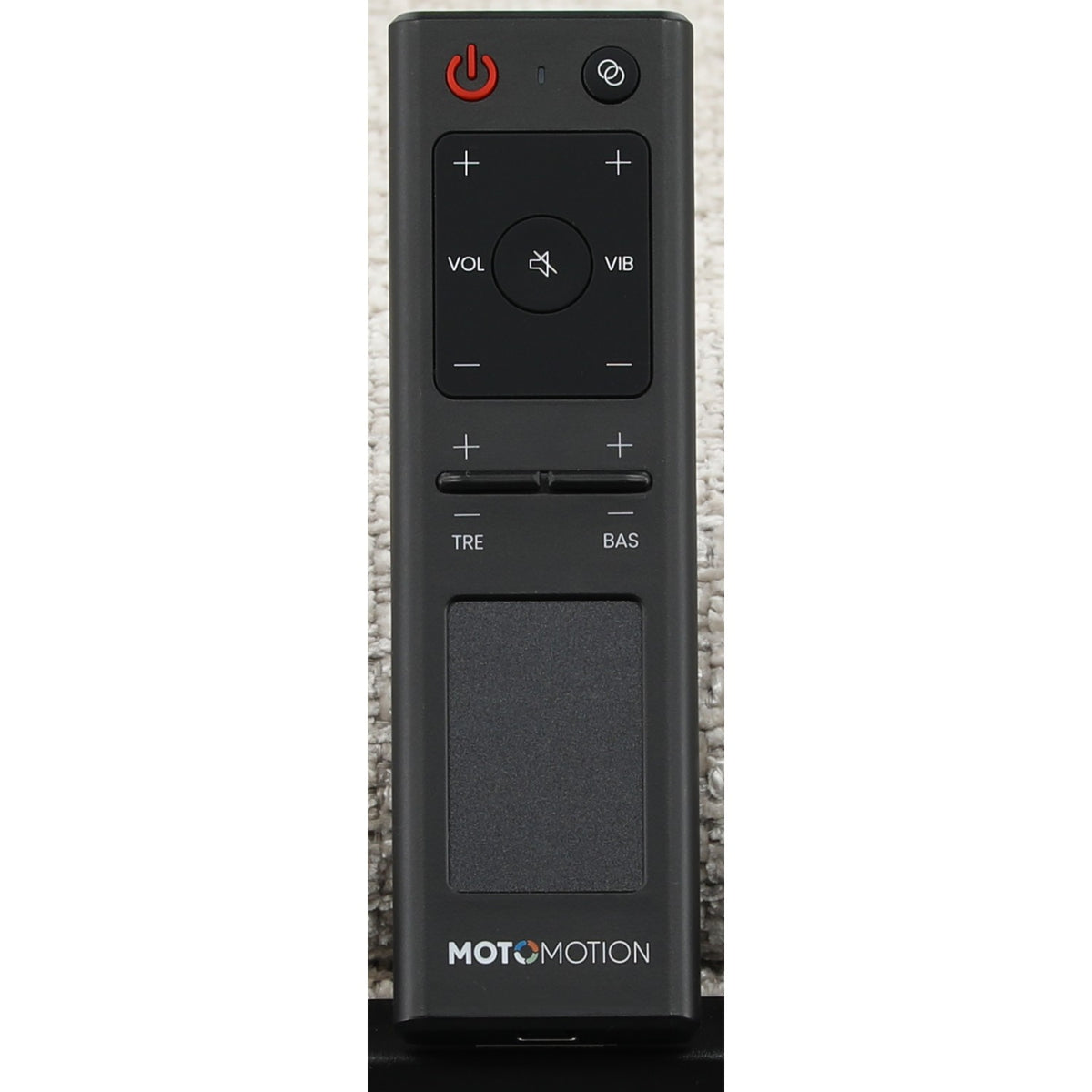 Black recliner remote with power, volume, vibration, treble, and bass controls