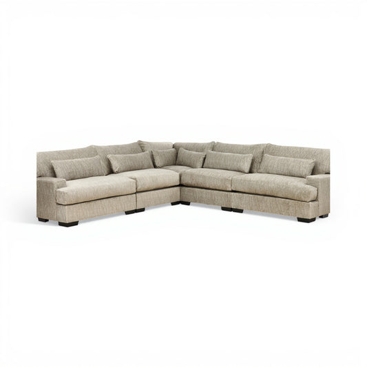 Light beige U-shaped modular sectional sofa with corner and low dark legs