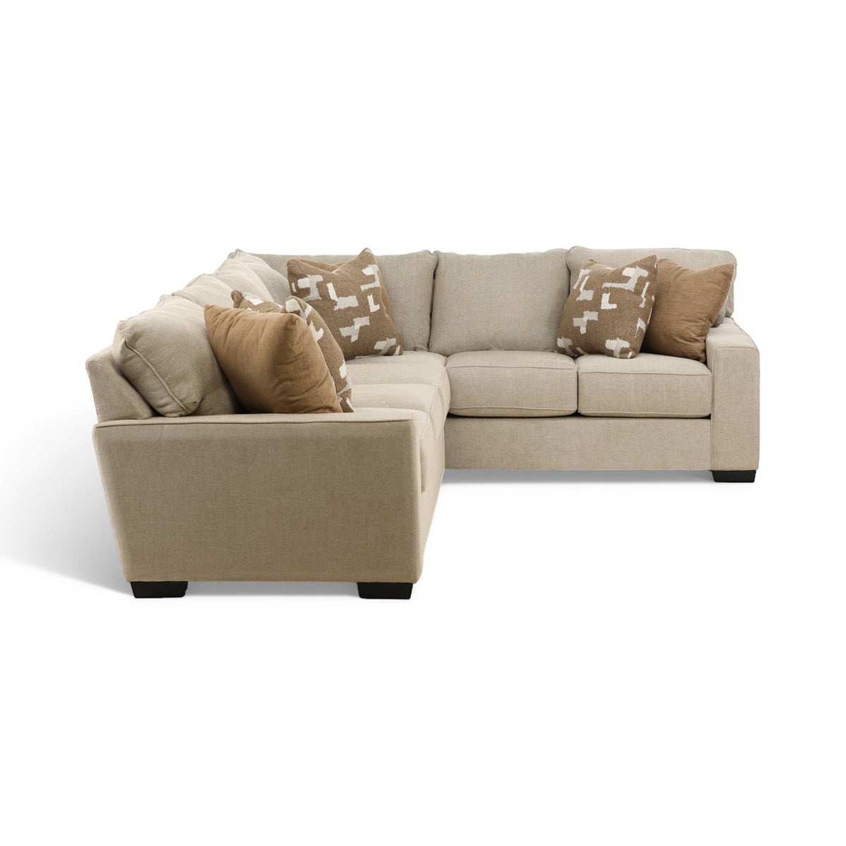 Beige sectional sofa with chaise extension, square arms, and multiple accent pillows