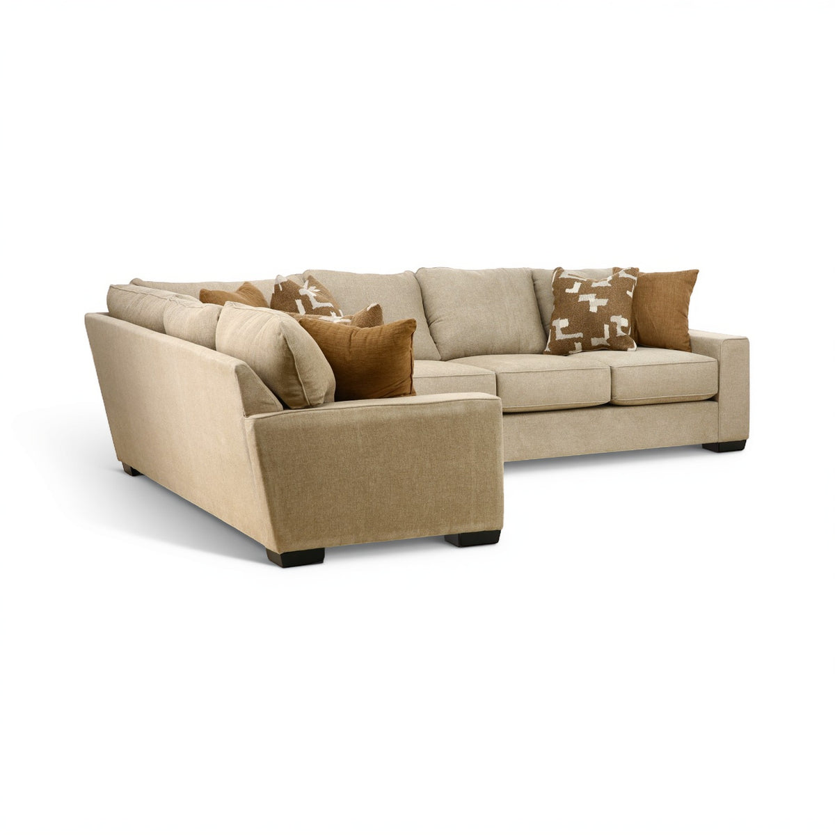 Beige sectional sofa with chaise end and decorative throw pillows