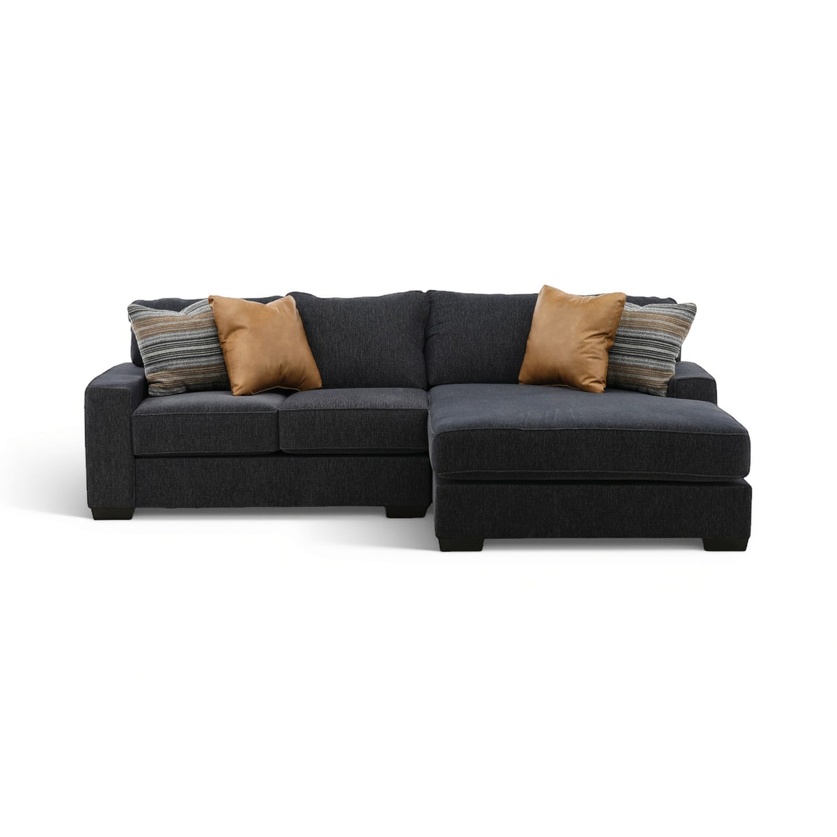 2-piece sectional with chaise in dark charcoal fabric, with tan and striped accent pillows