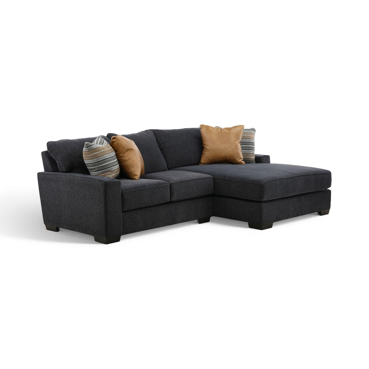 2-piece sectional with chaise in dark charcoal fabric with tan accent and striped throw pillows