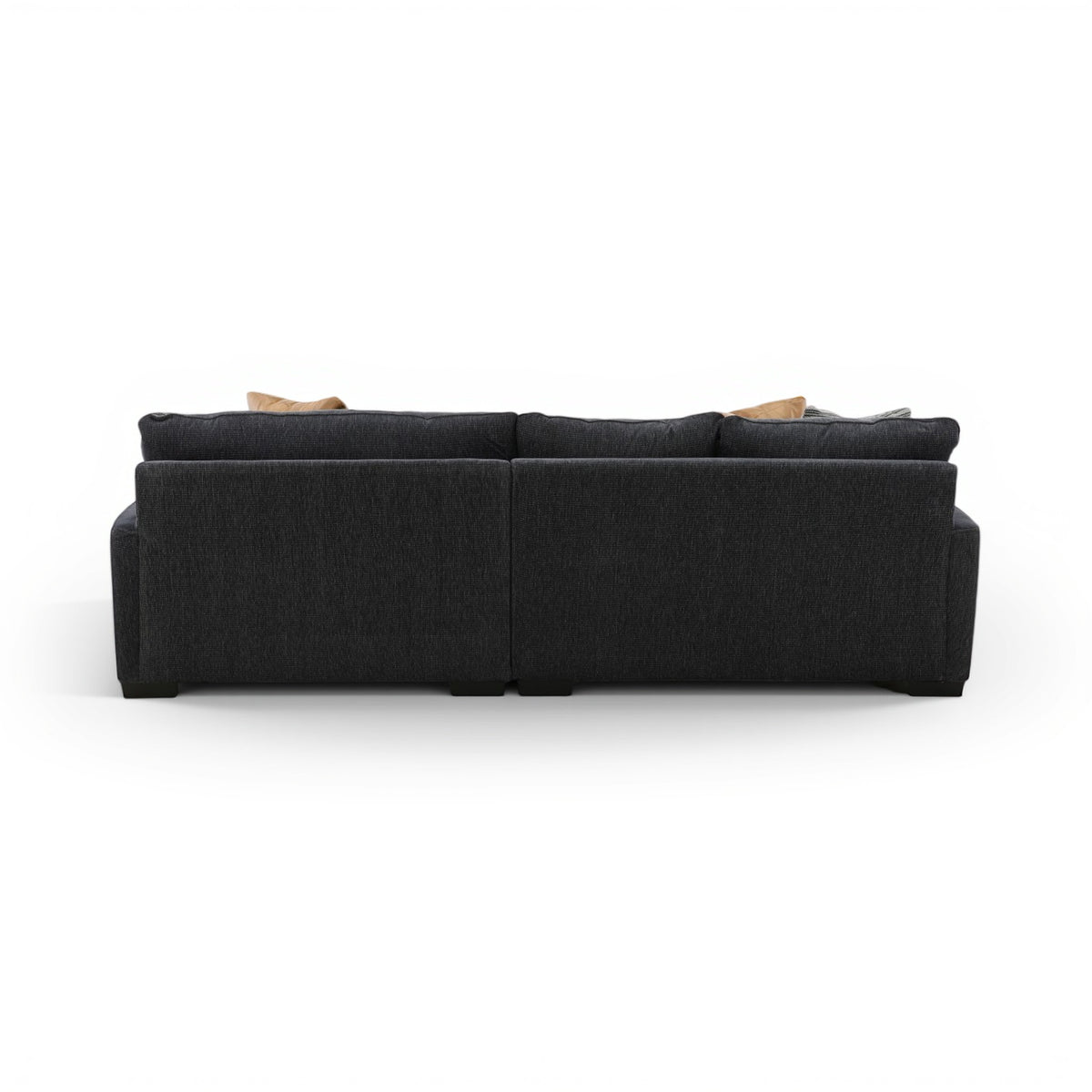 2-piece sectional with chaise in dark charcoal fabric, back view with stacked seat cushions