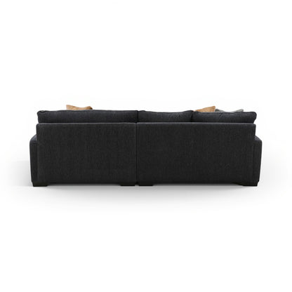 2-piece sectional with chaise in dark charcoal fabric, back view with stacked seat cushions