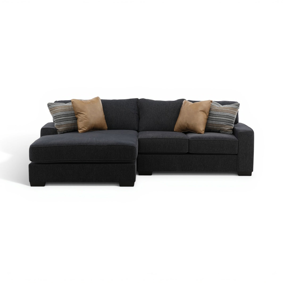 Charcoal fabric sectional sofa with chaise and tan throw pillows