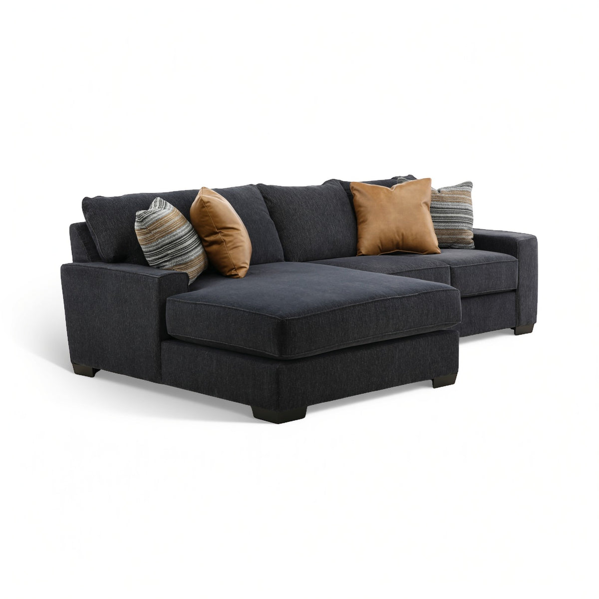Charcoal fabric sectional chaise with bench seat and tan accent pillows