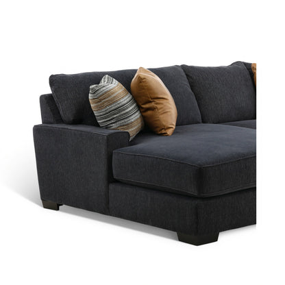 Charcoal fabric chaise section with tan and striped throw pillows