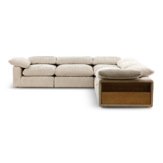 Light beige sectional sofa with chaise and wood storage drawer on the end