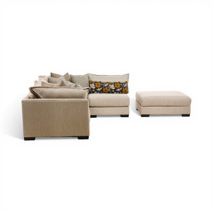 Beige modular sectional sofa with detached ottoman and throw pillow set