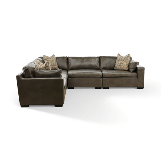 Dark brown leather modular sectional with chaise and 4 throw pillows