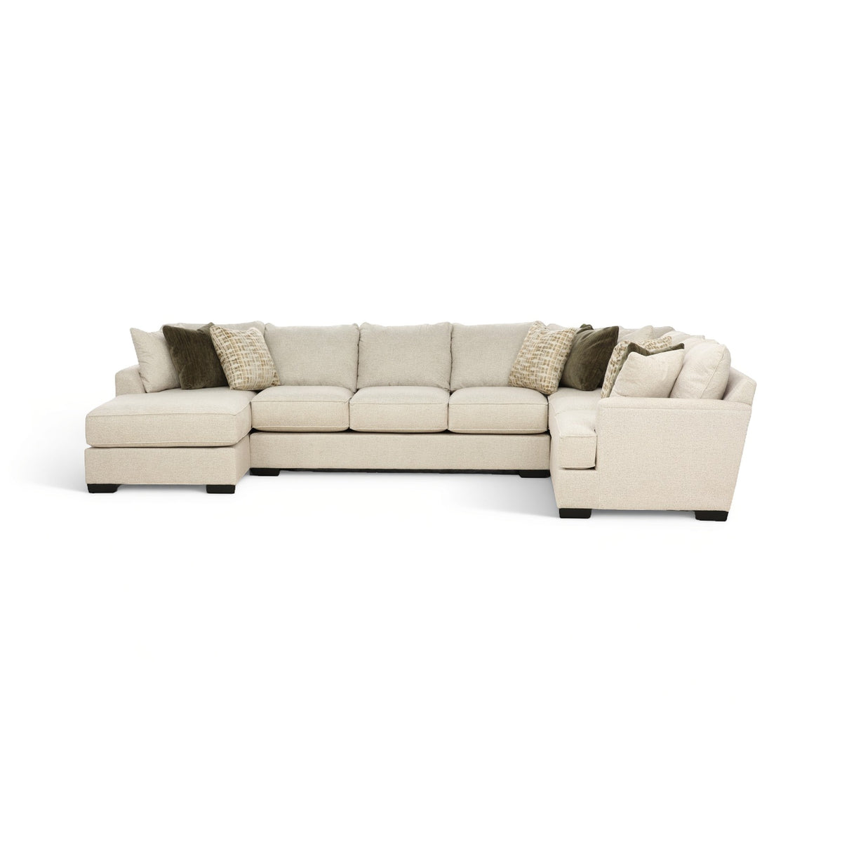 Three-piece sectional sofa with chaise lounge, light beige upholstery and throw pillows