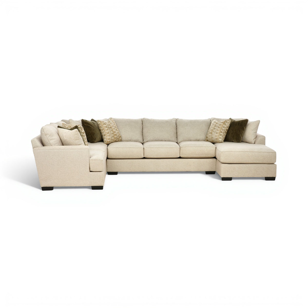 Three-piece sectional sofa with chaise lounge, light beige fabric and patterned pillows