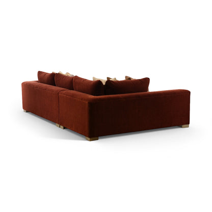 Dark brown upholstered sectional sofa with square arms and back throw pillows