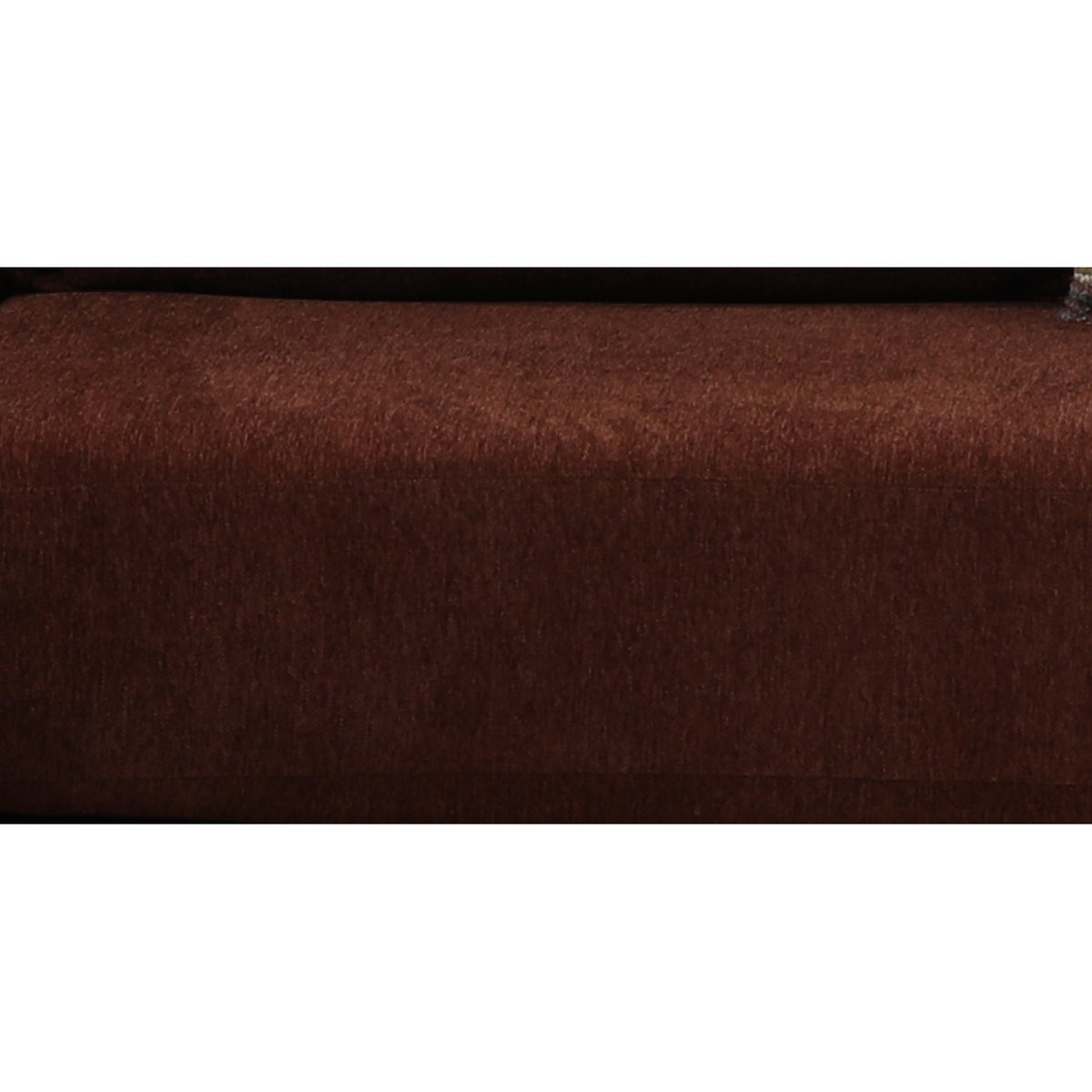 Brown fabric sectional sofa arm and upholstery close-up