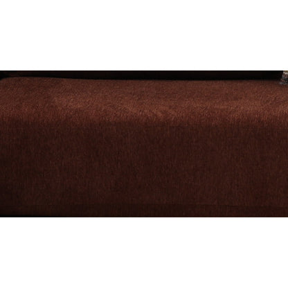 Brown fabric sectional sofa arm and upholstery close-up