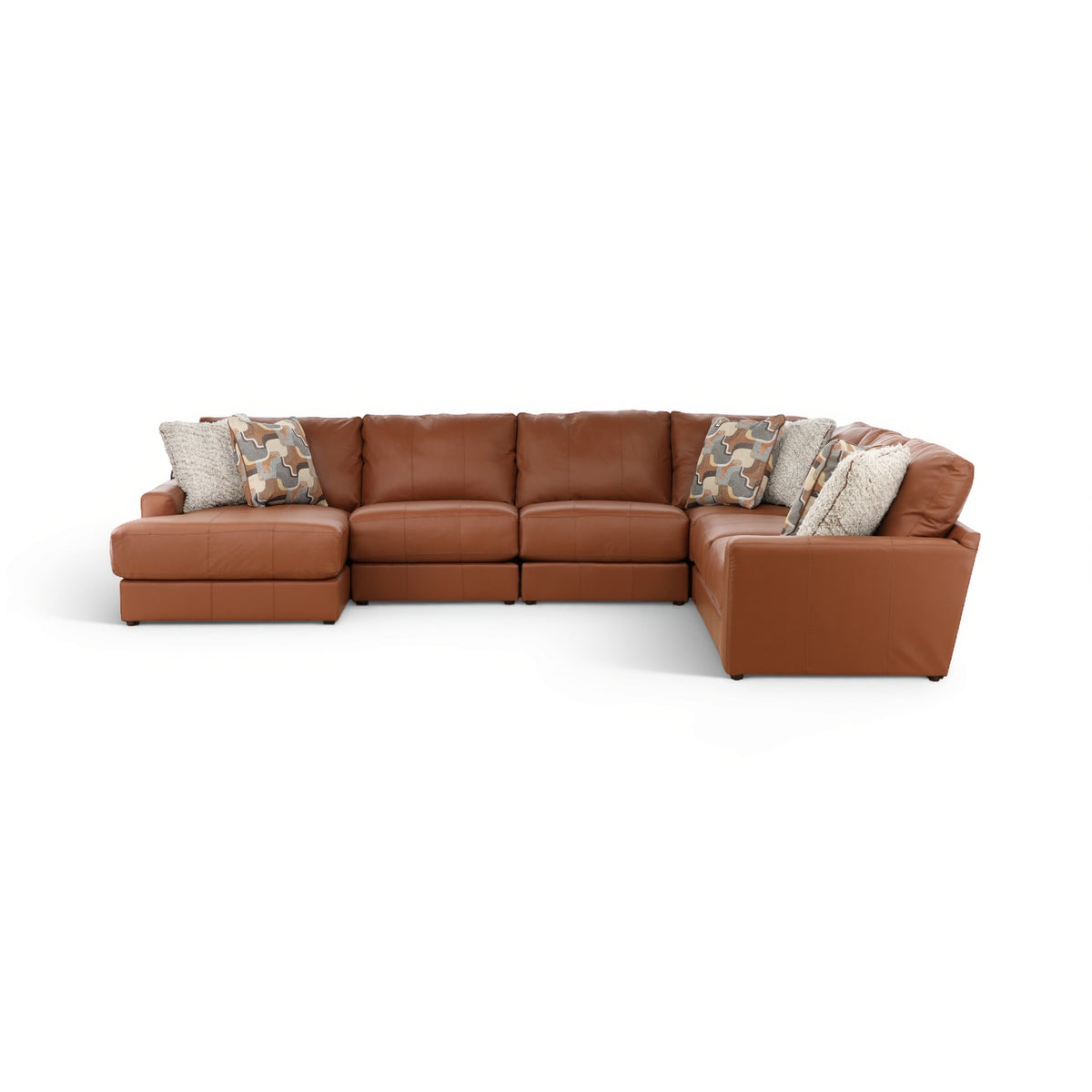 Whiskey brown sectional with right chaise and camo accent pillows, with gray throws