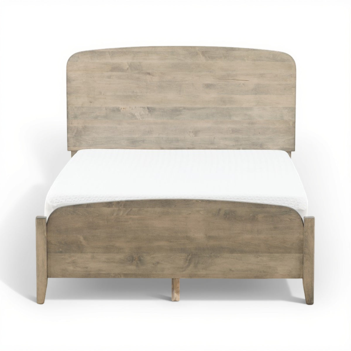 Artisan platform bed with upholstered headboard and wood frame, gray-wash finish
