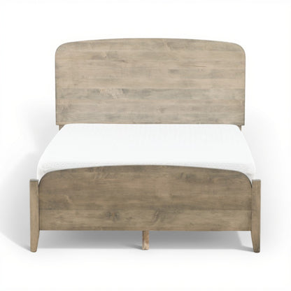 Artisan platform bed with upholstered headboard and wood frame, gray-wash finish
