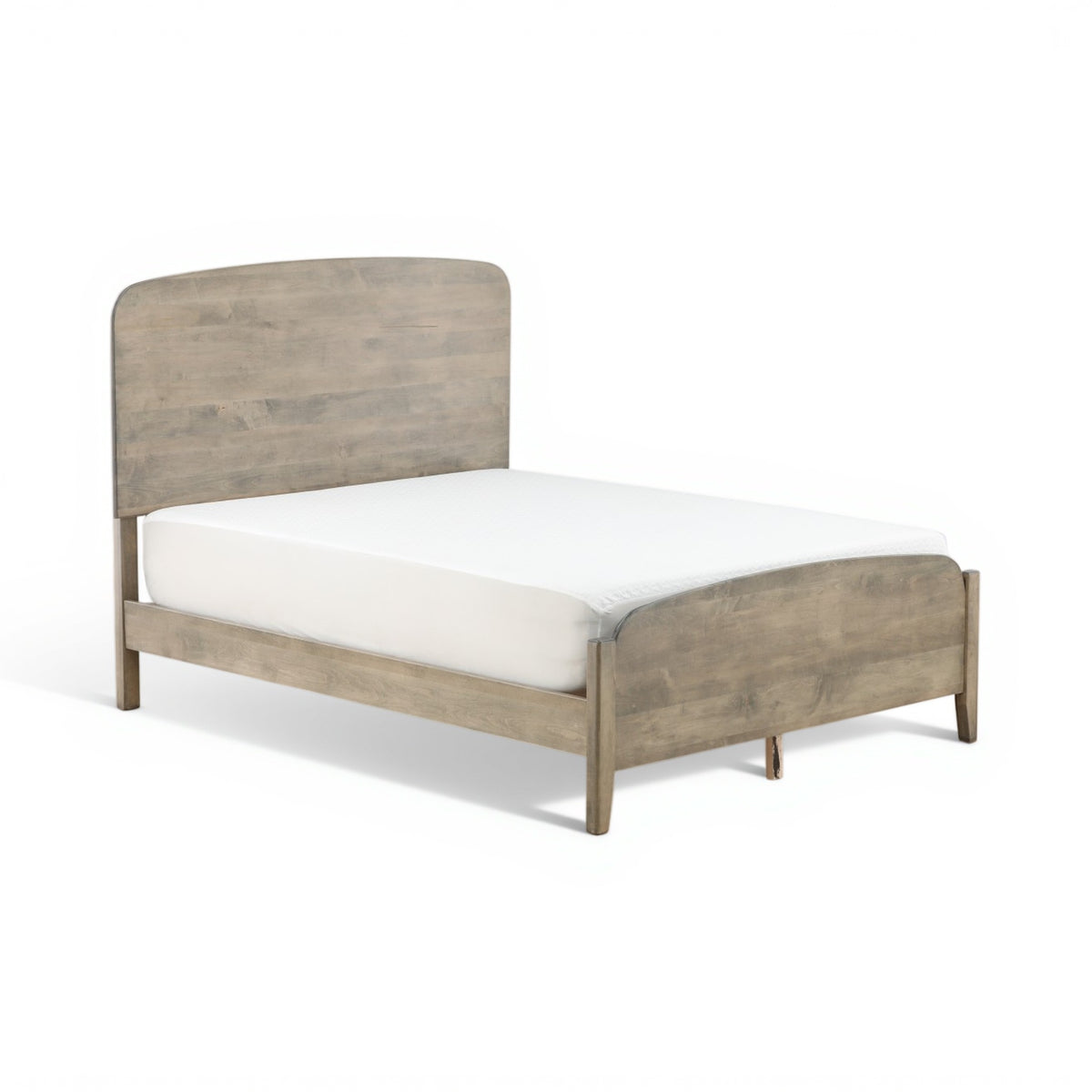 Platform bed with tall headboard, gray-wash wood frame and white mattress