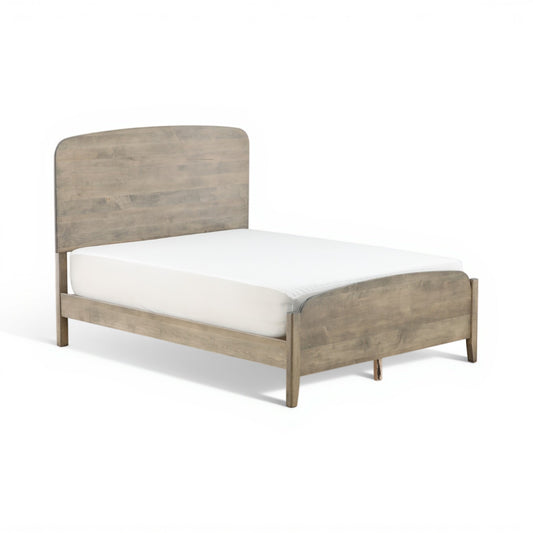 Platform bed with tall headboard, gray-wash wood frame and white mattress