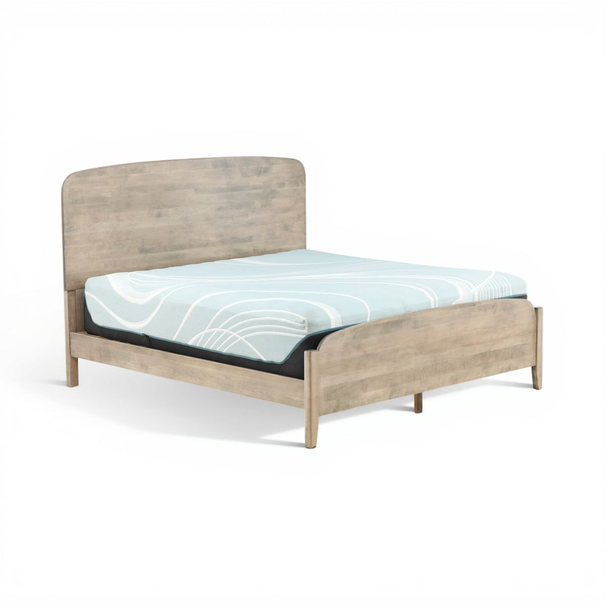 Platform bed with gray-wash wood base and blue striped comforter on white mattress