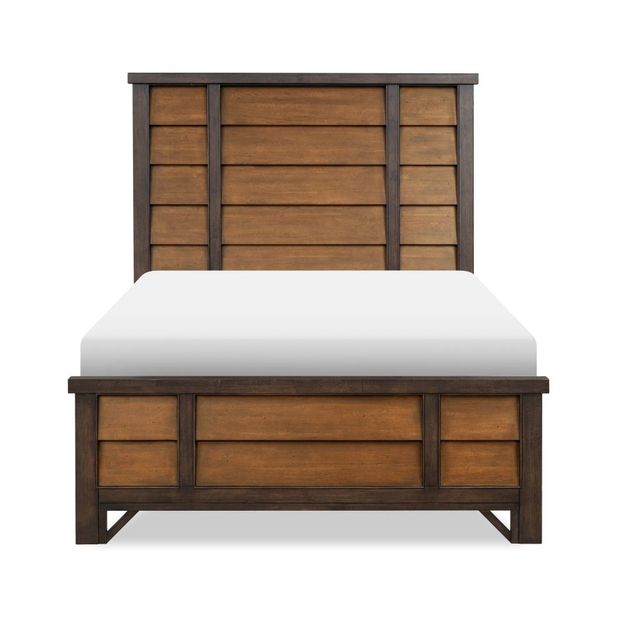 Lakehouse panel bed with dark brown wood headboard and footboard, white mattress