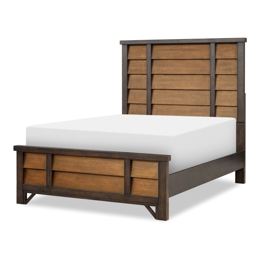 Panel bed with dark wood frame, paneled headboard, and white upholstered mattress