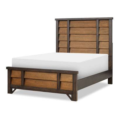 Panel bed with dark wood frame, paneled headboard, and white upholstered mattress