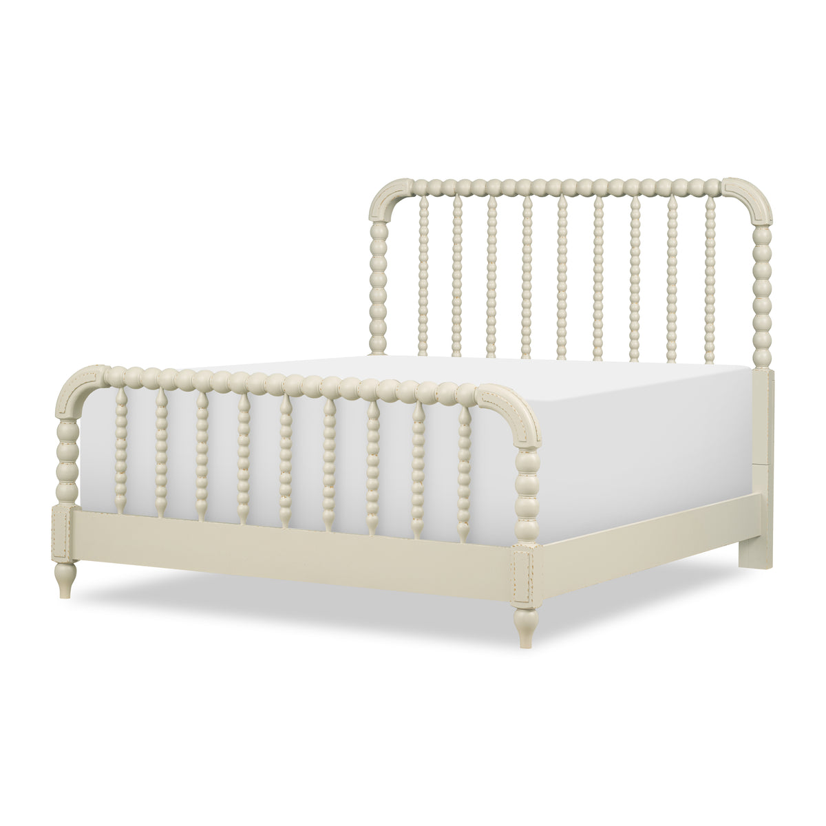 Cream Lakehouse panel bed with beadboard headboard, arched posts, and paneled side rails.
