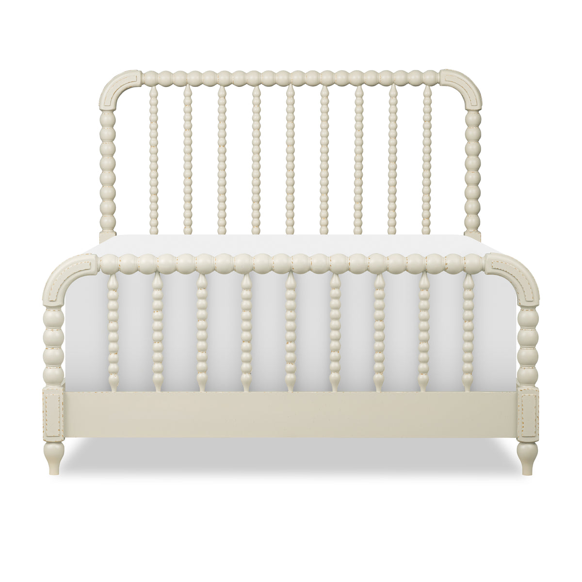 Cream panel bed front view with arched headboard and vertical beadboard details on rails.