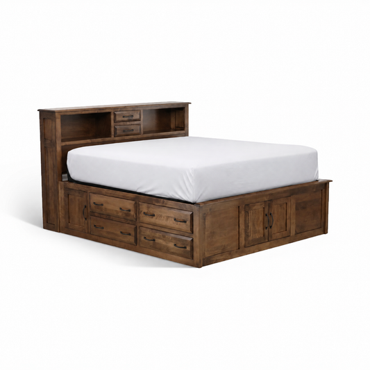 Wood captain bed with white upholstered mattress, side drawers, and open headboard storage