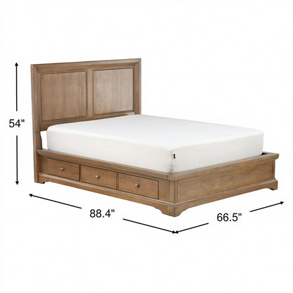 Queen storage bed with wood frame, panel headboard, and two under-bed drawers