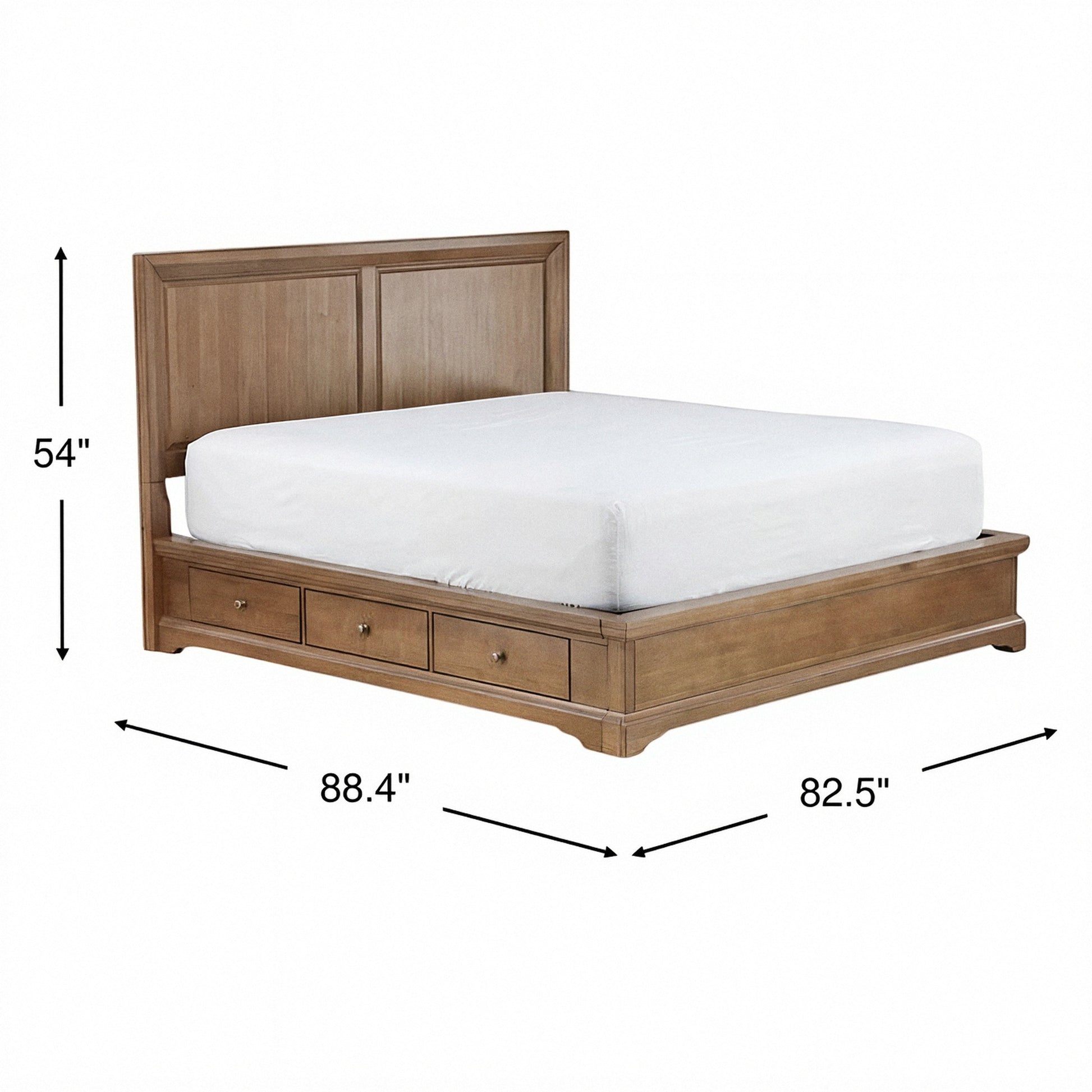 King storage bed with raised wood headboard and three front drawers, warm brown finish