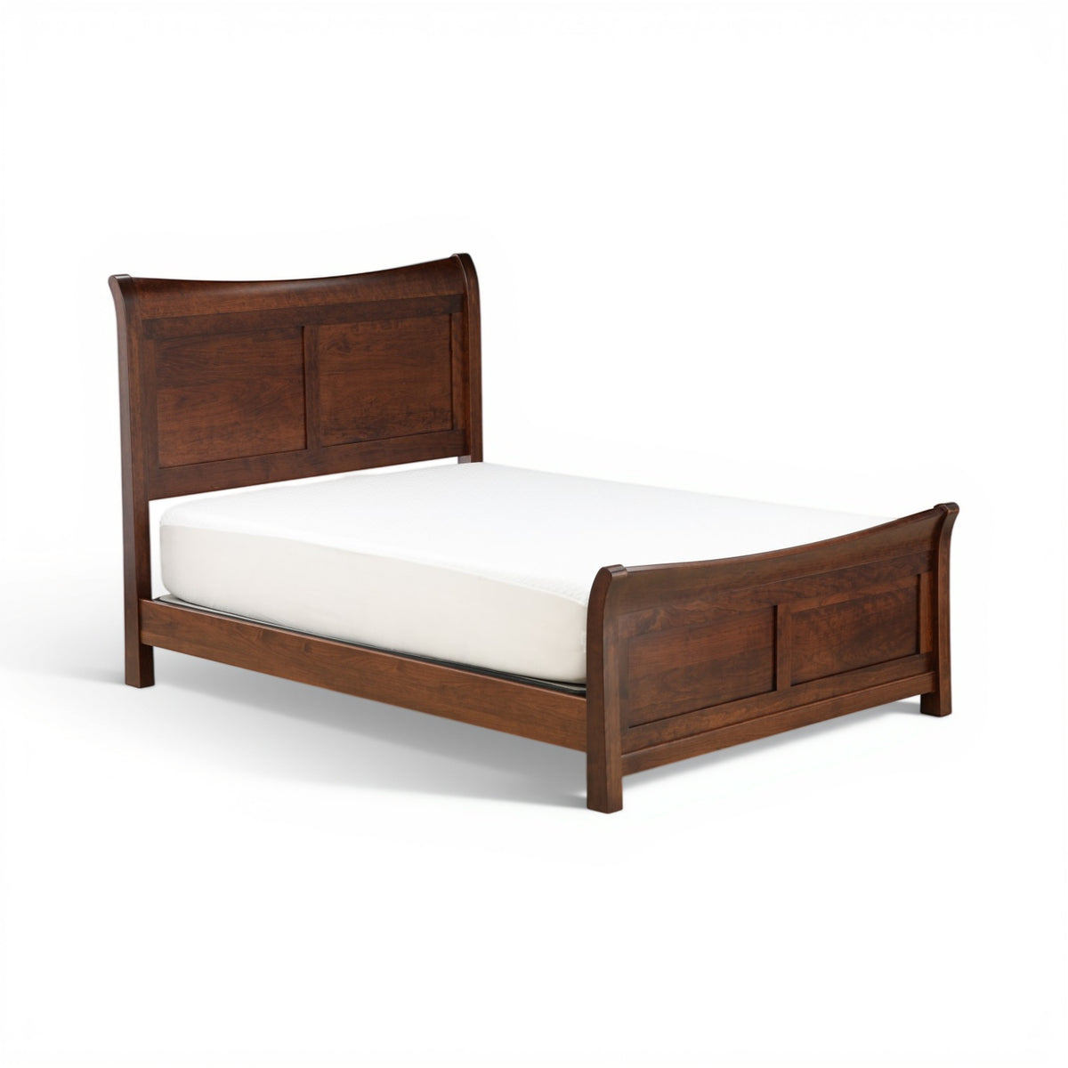 Brown sleigh bed frame with curved headboard and white mattress