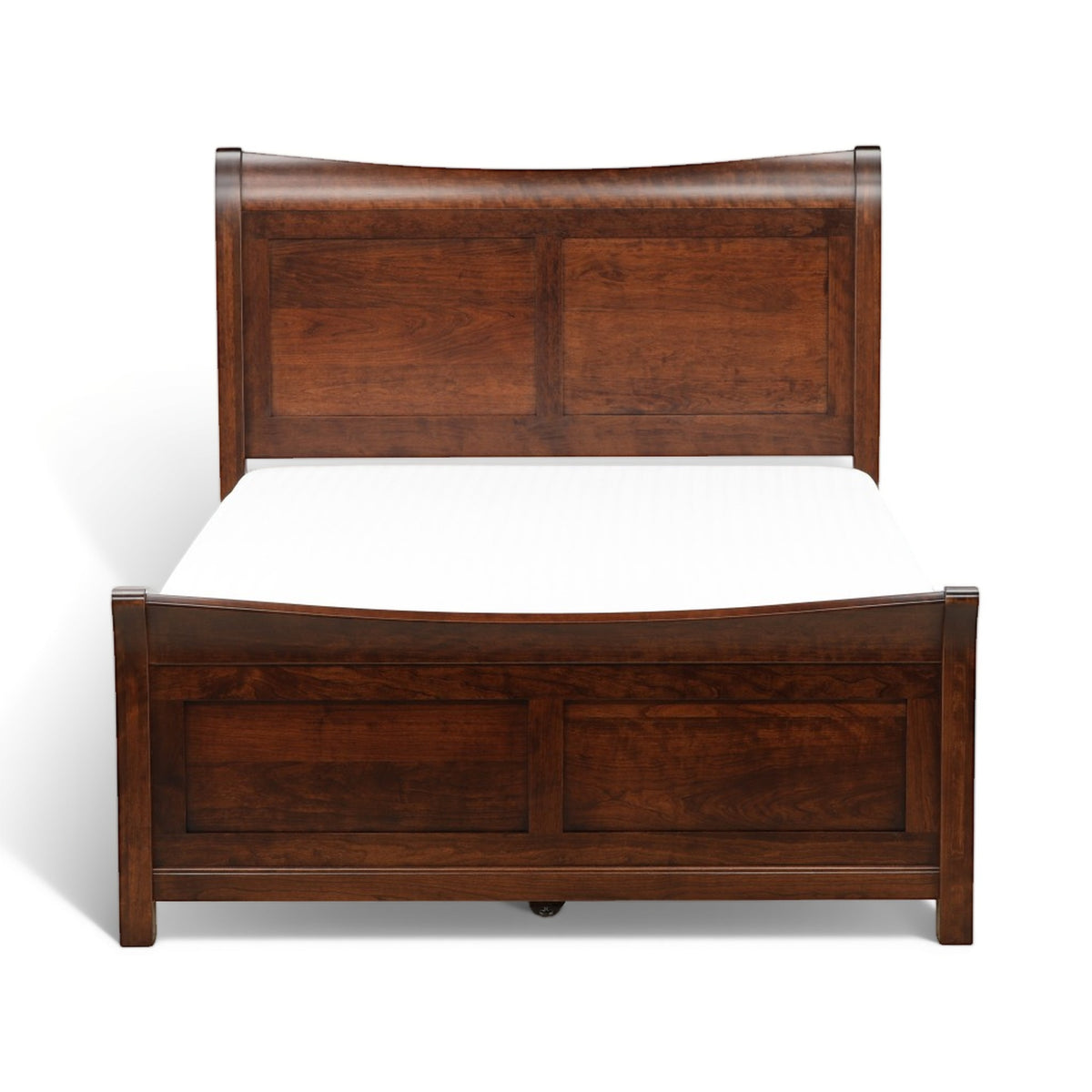 Brown sleigh bed with panel headboard, front drawers, and white mattress