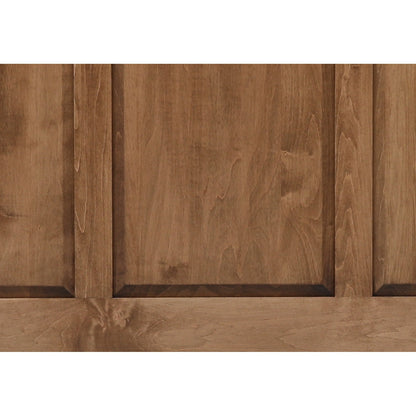 Dark wood bed panel detail with vertical slats and centered square inset