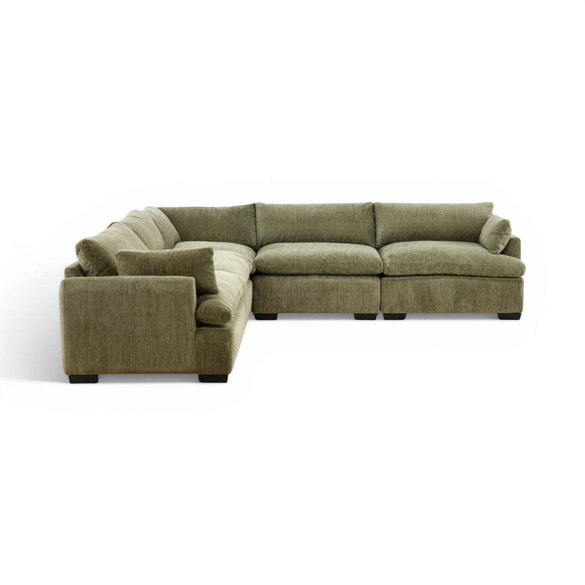 Olive green modular sectional sofa with chaise and padded armrests