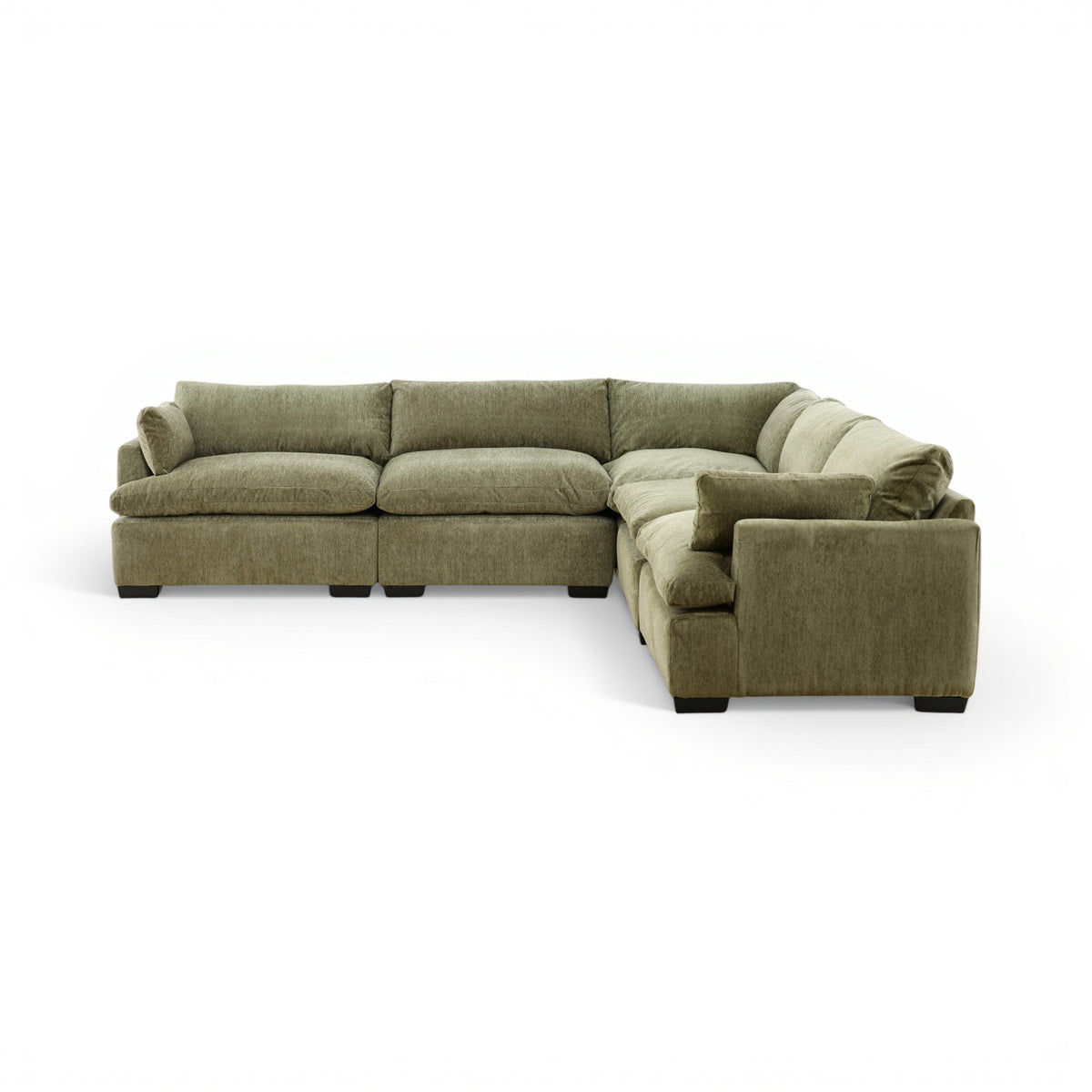 Olive green modular sectional sofa with chaise-style corner and rolled back cushions