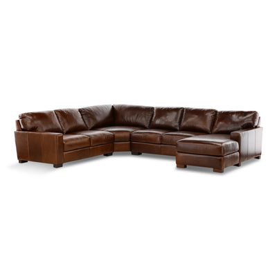 Brown leather chaise sectional with deep cushions and corner, 4-piece configuration
