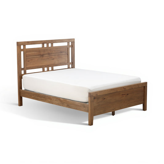 Wooden platform bed with slatted headboard, white mattress on sturdy frame