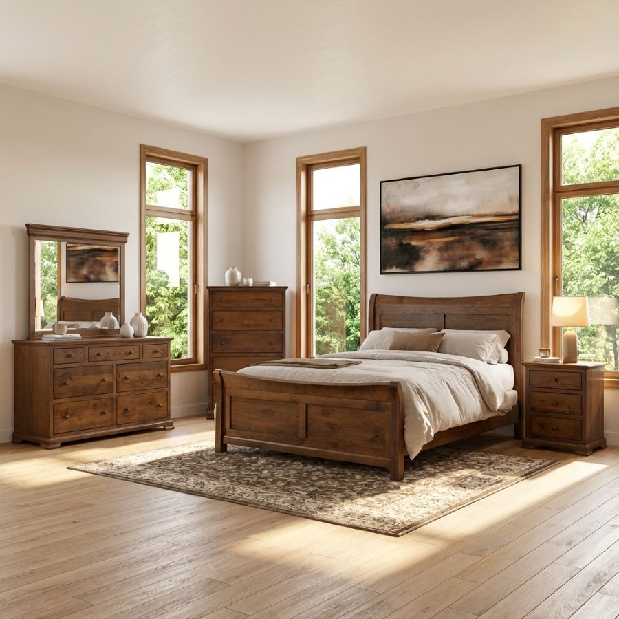 Wooden dresser with multiple drawers and knob pulls, shown in a bedroom setting