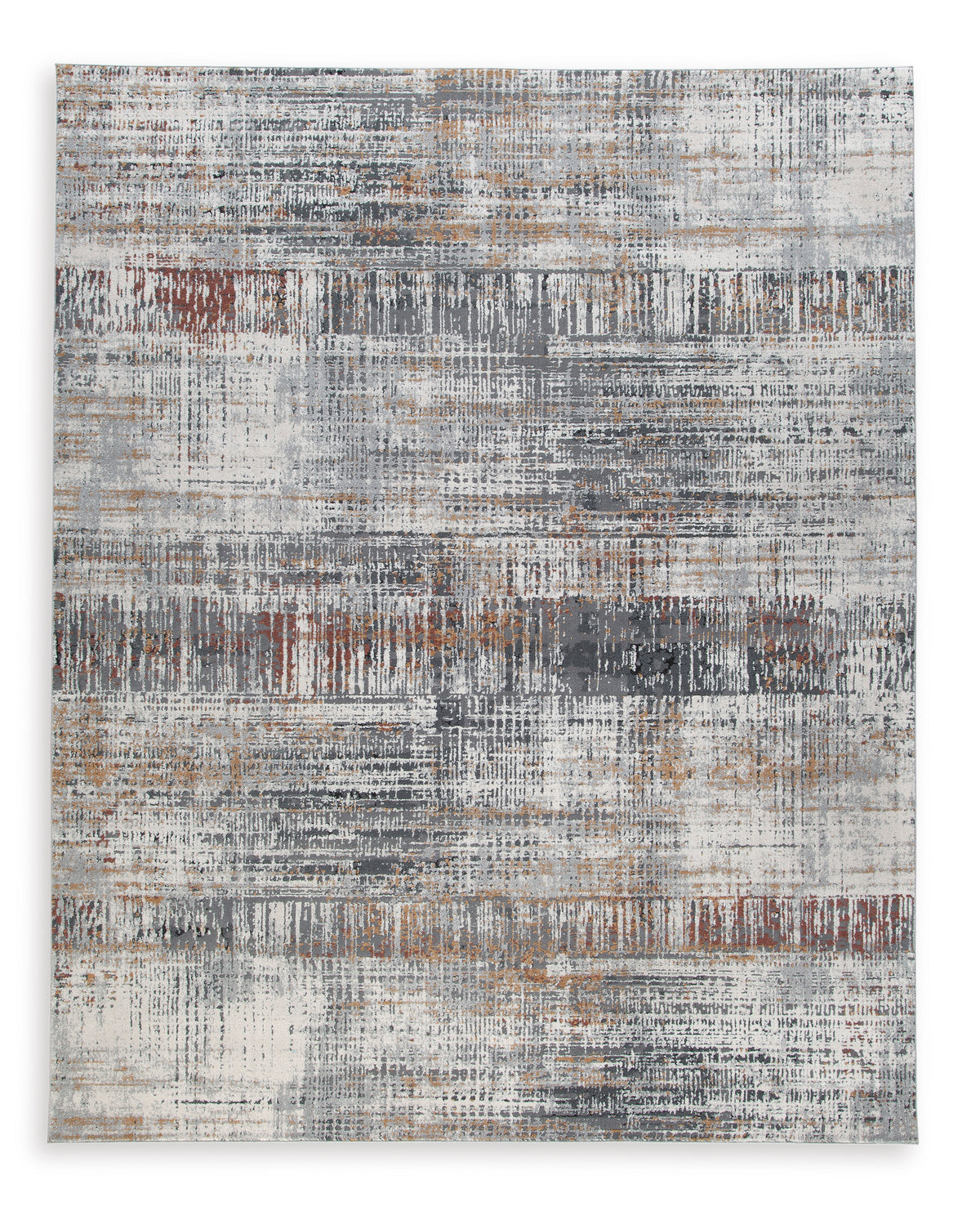 Square rug panel showing distressed abstract stripes in light gray with orange accents