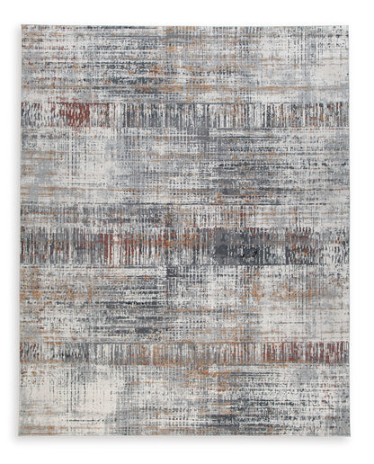 Square rug panel showing distressed abstract stripes in light gray with orange accents